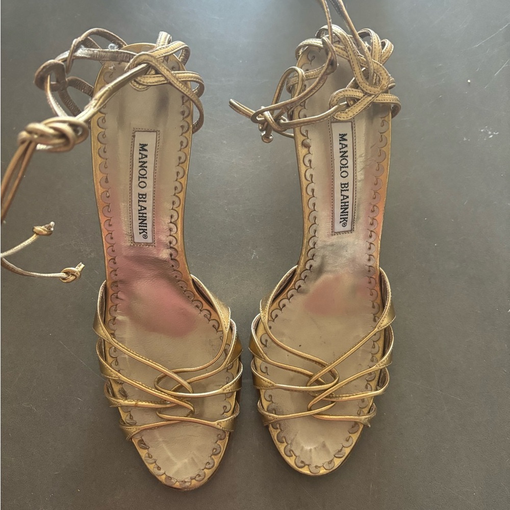 LOWEST PRICE Manolo Blahnik Gold Heels with Strappy Design